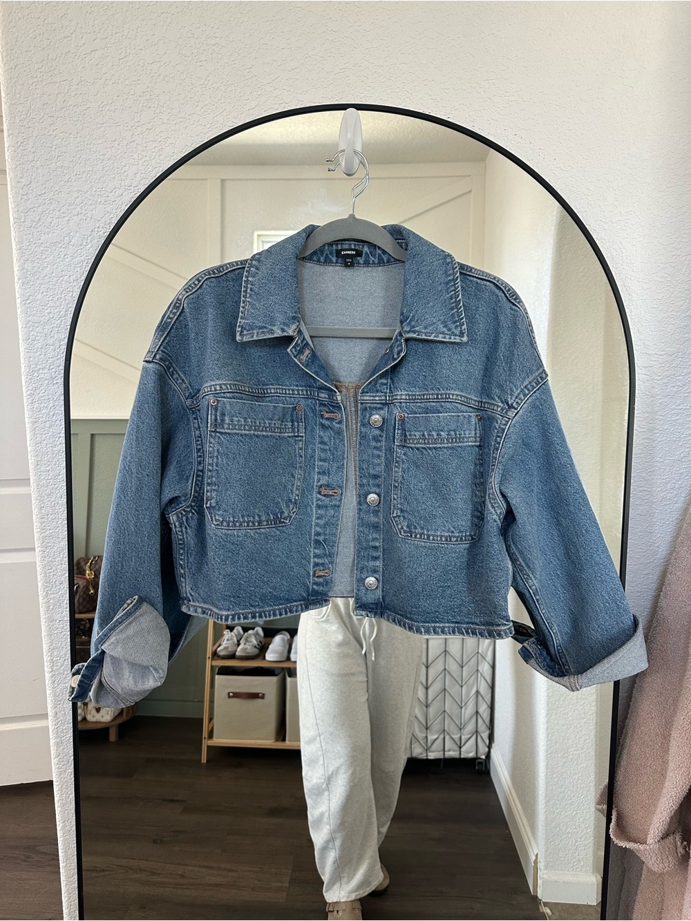 Express Cropped Denim Jacket in Medium Blue